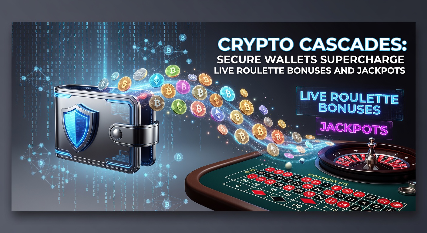 Grafik zeigt eine Kaskade aus Kryptowährungen, die in ein Live-Roulette-Rad fließen und Boni sowie Jackpots aktivieren