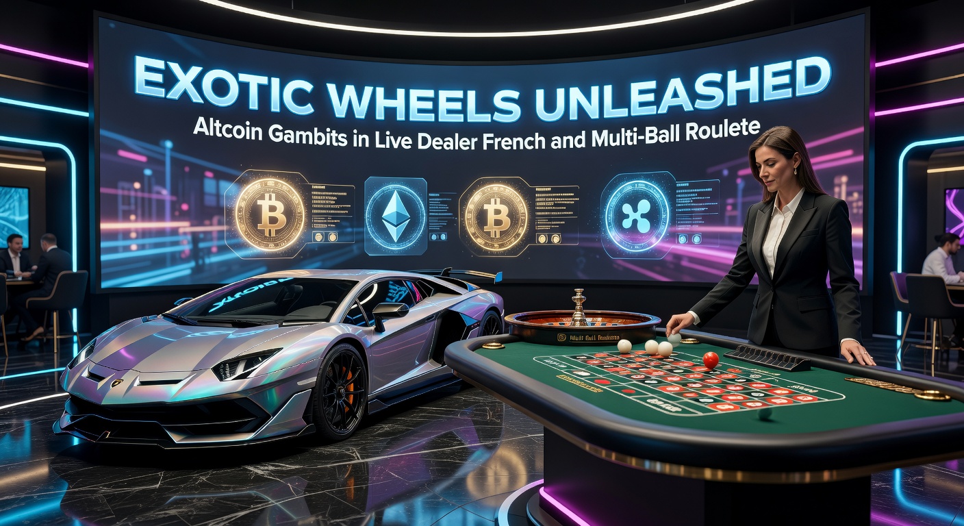 Live-Dealer-Tisch mit französischem Roulette-Rad und Multi-Ball-Setup, umgeben von digitalen Altcoin-Wallets