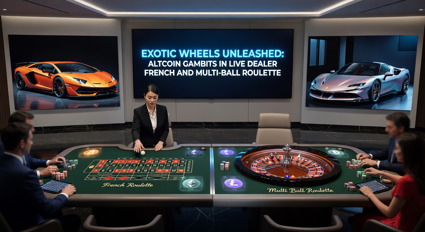 Detaillierte Ansicht eines Multi-Ball-Roulette-Rades mit mehreren Kugeln in Bewegung und Altcoin-Transaktionsgrafiken im Hintergrund