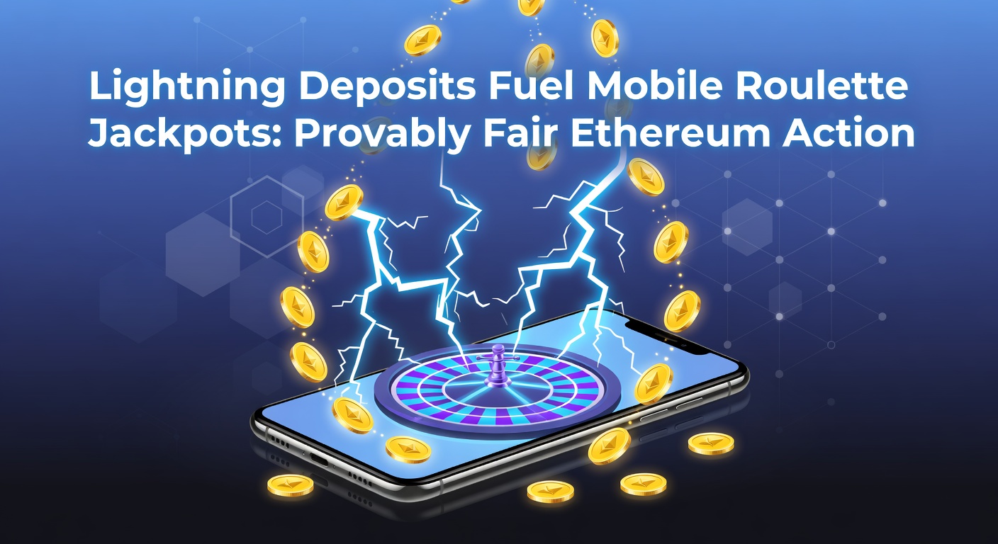 Dynamische Darstellung von Lightning-Einzahlungen, die mobile Roulette-Jackpots mit Ethereum-Transaktionen antreiben, inklusive Blockchain-Visualisierungen und Jackpot-Zähler