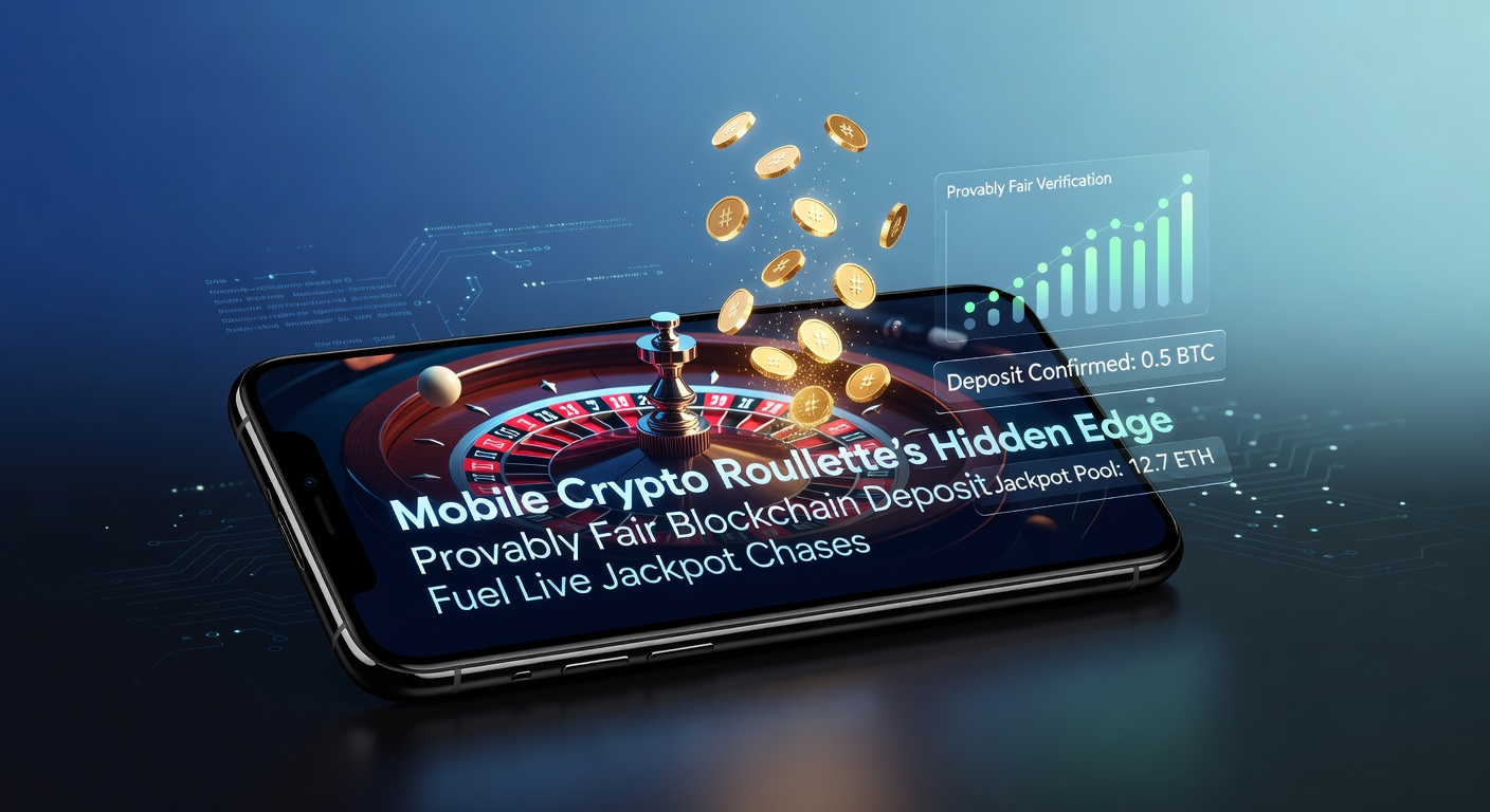 Smartphone mit Roulette-Rad und Blockchain-Symbolen, das schnelle Krypto-Einzahlungen und Jackpot-Anzeigen zeigt