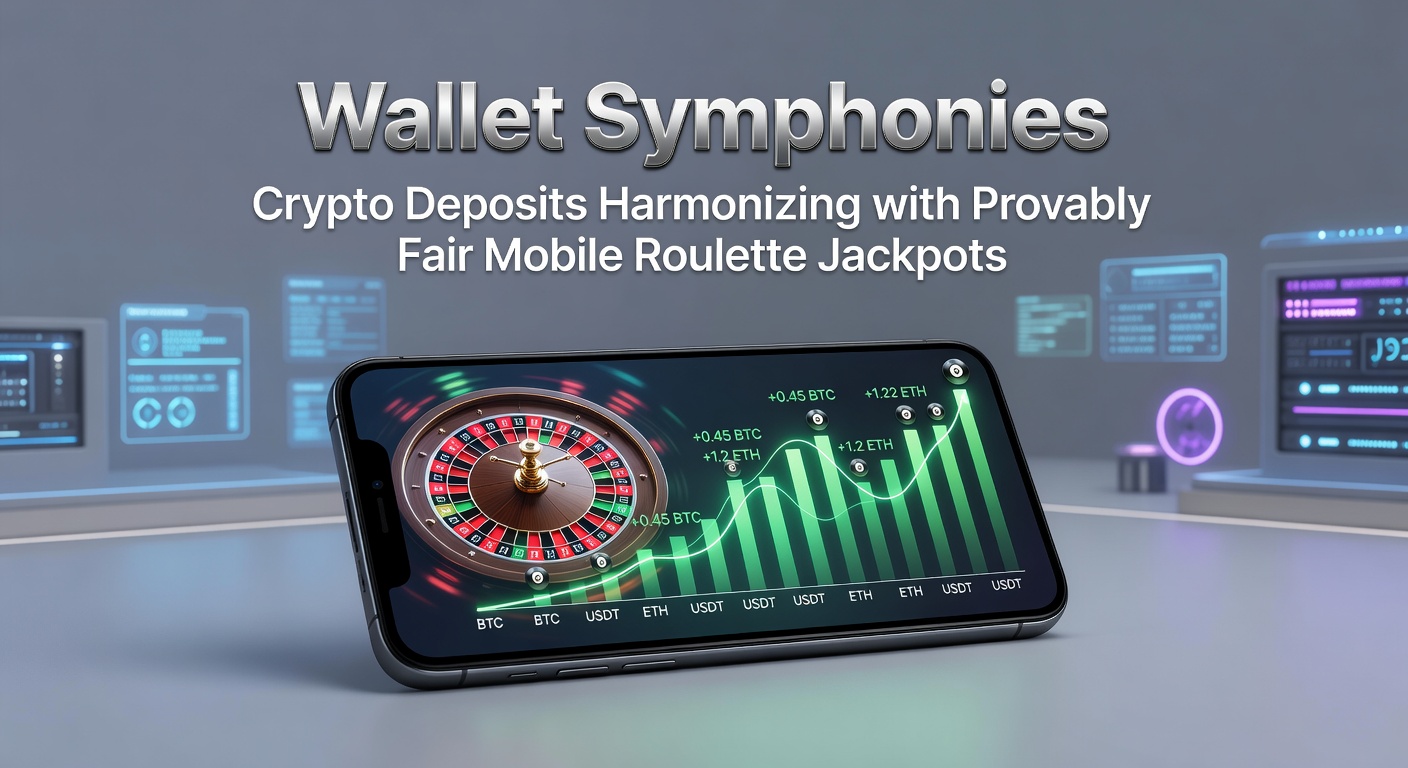 Visuelle Darstellung einer digitalen Wallet, die Kryptowährungen in harmonische Wellen mit Roulette-Jackpots auf einem Smartphone verbindet, symbolisierend nahtlose Integration und Fairness.